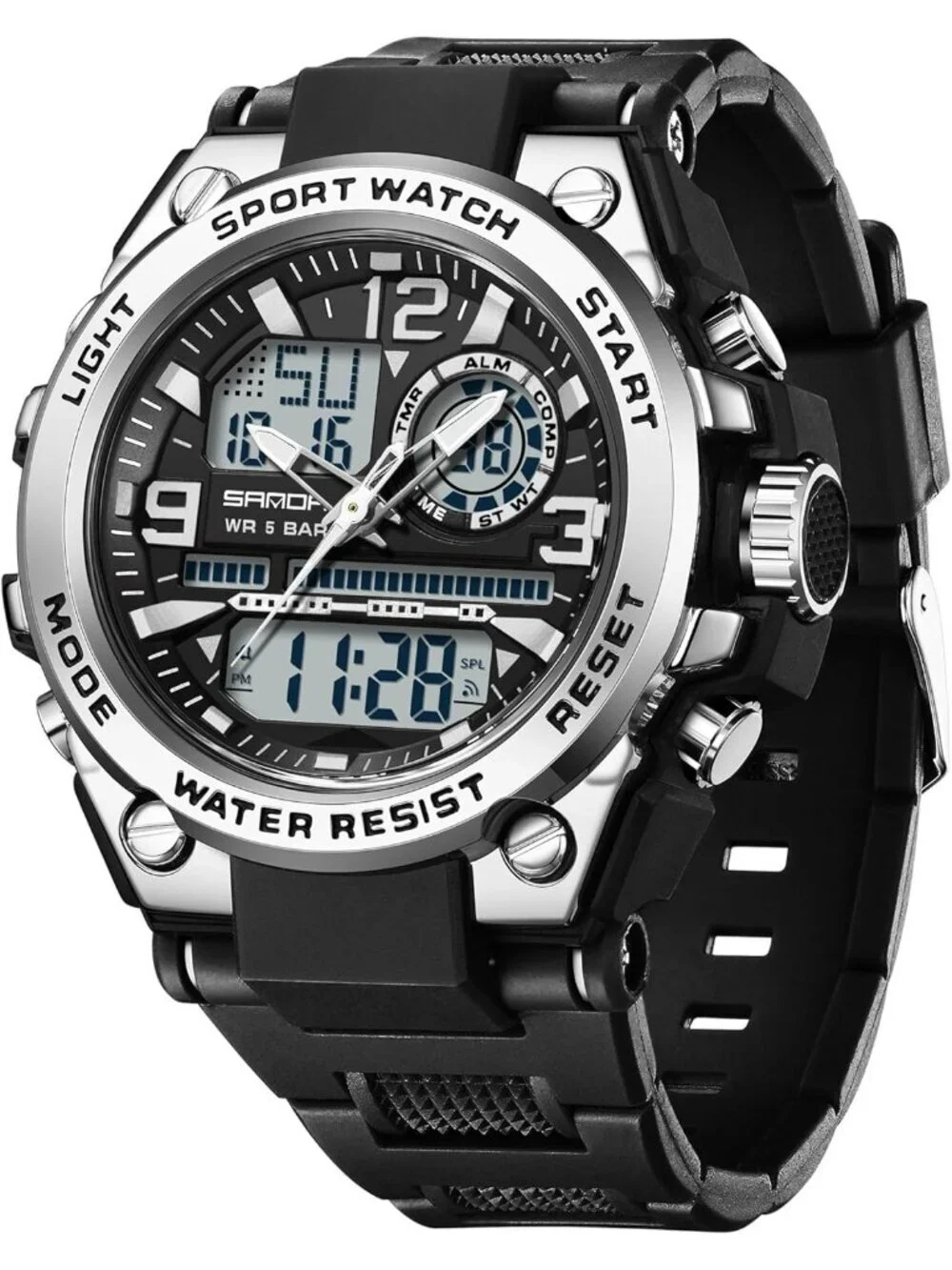 Men's Black And Silver Analog Quartz Sport Waterproof Military LED Digital Watch